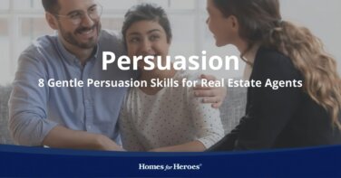 young couple sitting on couch smiling listening to real estate agent skilled in gentle persuasion informing them of new offer Homes for Heroes